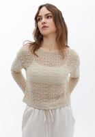 Women Beige Knitted Sweater with Boat Neck