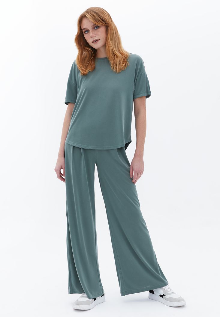 Bayan Yeşil Yüksek Bel Wide-Leg Pantolon ( MODAL )