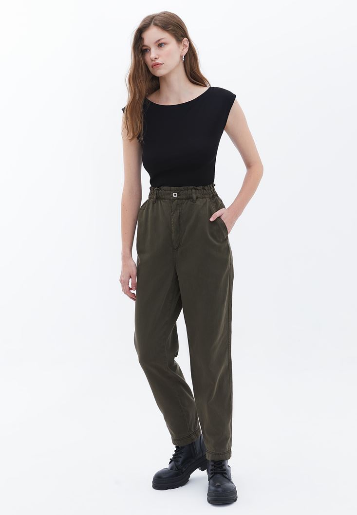 Bayan Haki Ultra Yüksek Bel Baggy-Fit Pantolon ( TENCEL™ )