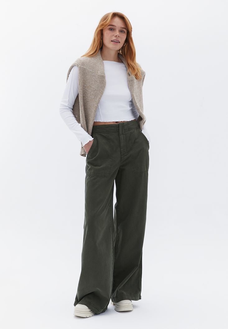 Bayan Yeşil Orta Bel Wide-Leg Pantolon ( TENCEL™ )