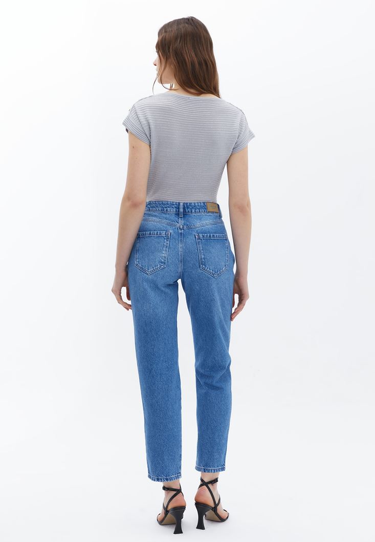 Bayan Mavi Yüksek Bel Straight-Fit Pantolon