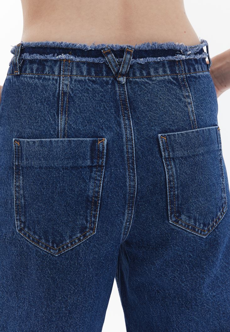 Bayan Mavi Orta Bel Straight-Fit Pantolon 