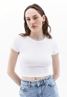 Bayan Beyaz Sıfır Yaka Crop Tişört ( MODAL )