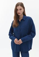 Bayan Mavi Cep Detaylı Oversize Gömlek