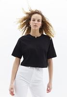 Women Black Cotton Crop Tshirt with Neckline Detail
