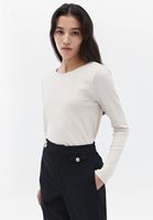 Women Beige Boat Neck Tshirt with Long Sleeves