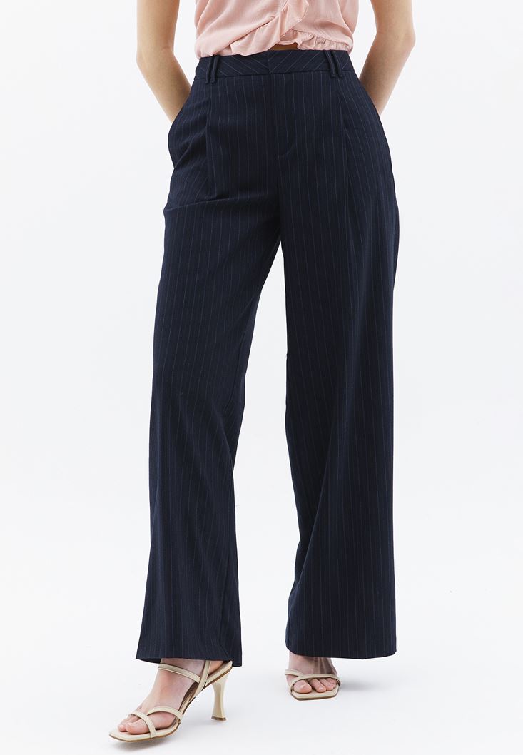 Bayan Mavi Orta Bel Straight-Fit Pantolon