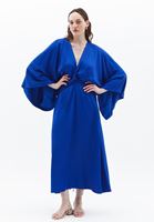 Bayan Mavi V Yaka Uzun Saten Elbise