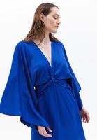 Bayan Mavi V Yaka Uzun Saten Elbise