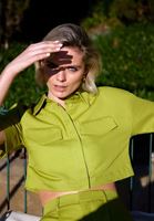 Women Green Linen Blended Crop Shirt