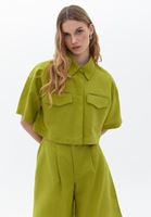Women Green Linen Blended Crop Shirt