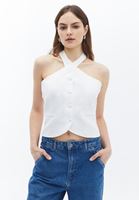 Women Cream Linen Blended Vest With Halter Collar