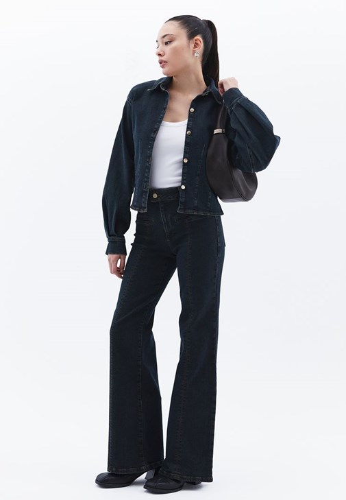 Crop Denim Bluz ve Denim Pantolon Kombini