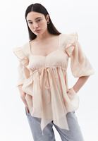 Women Beige Blouse with Drawstring and Raffle Detail