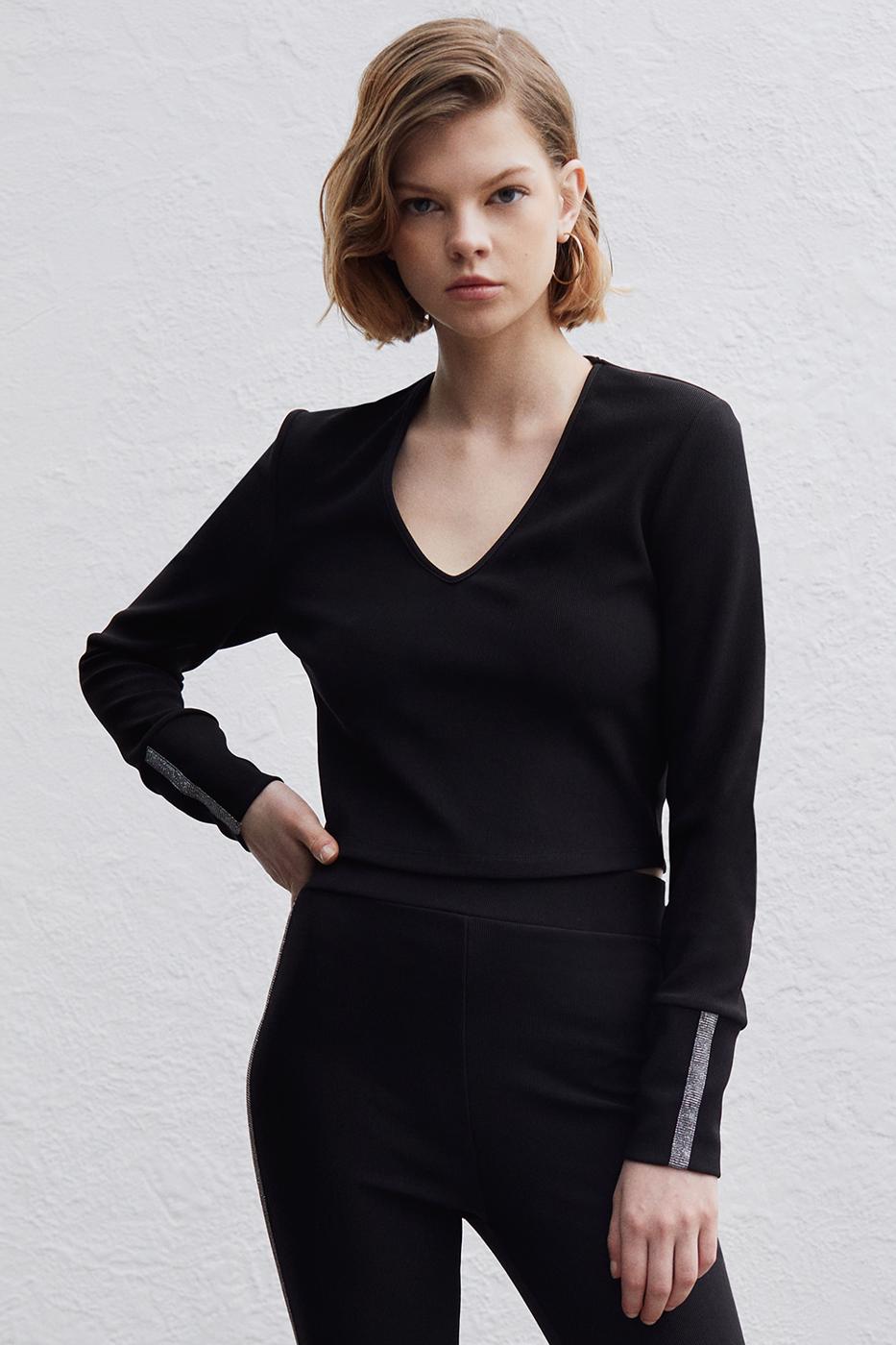 Bayan SİYAH Emas Skinny Fit V-Yaka Siyah Renk Kadın Crop Bluz