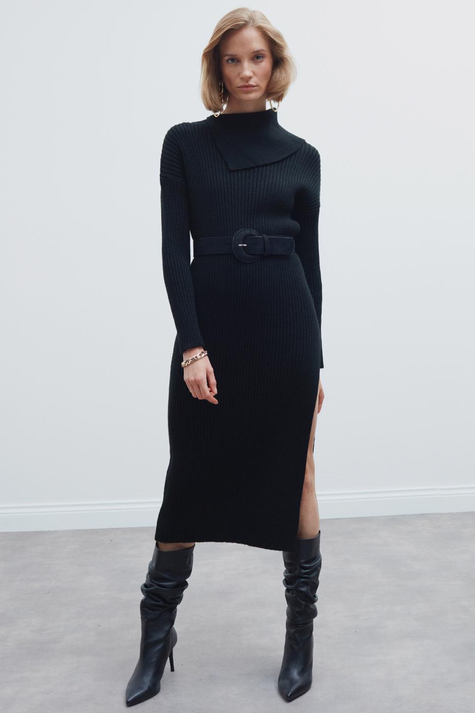 Mayra Normal Kalıp Diz Altı Siyah Triko Elbise