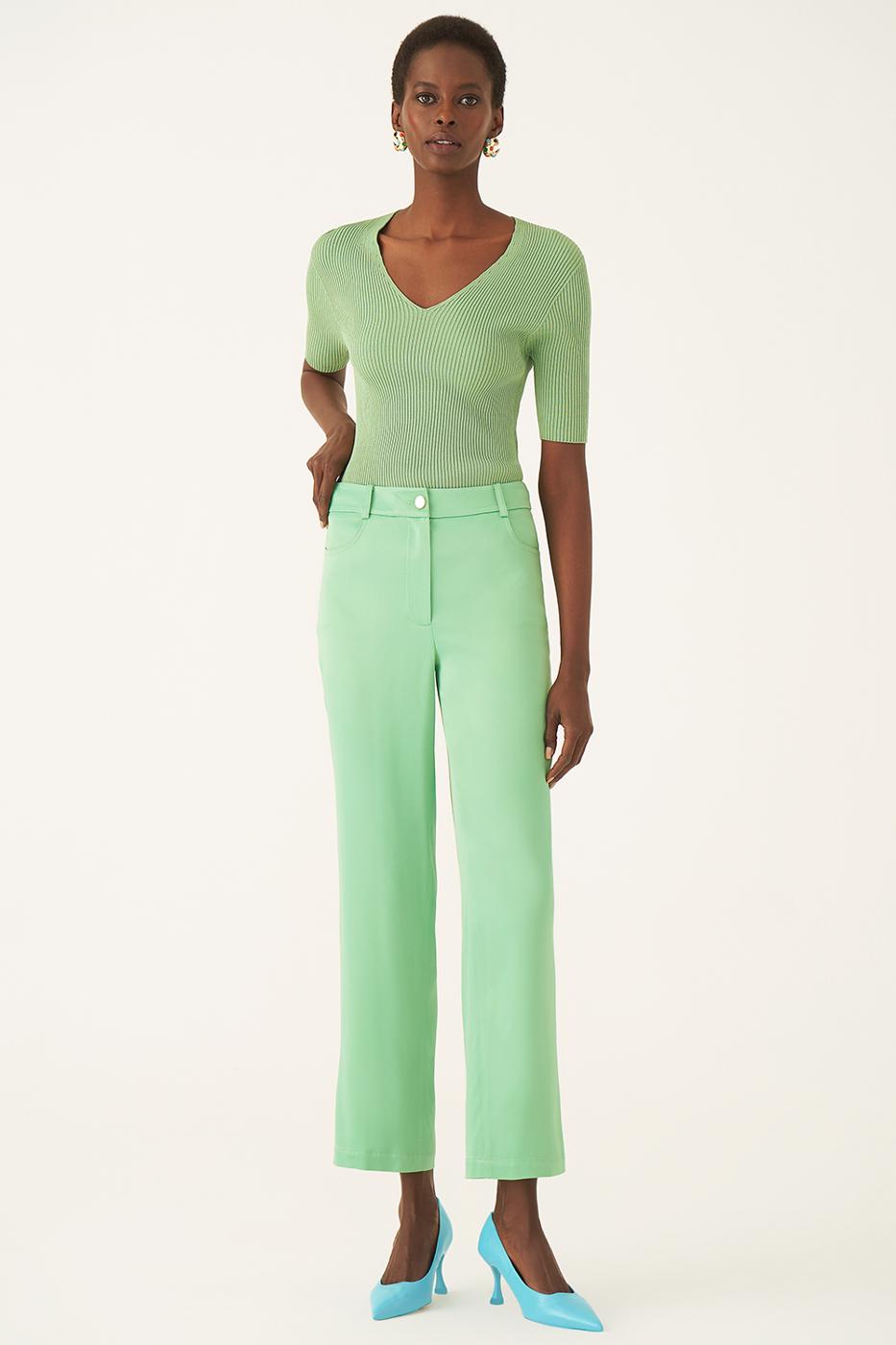 Estefani Regular Fit Uzun Boy Yüksek Bel Elma Yeşili Renk Kadın Pantolon
