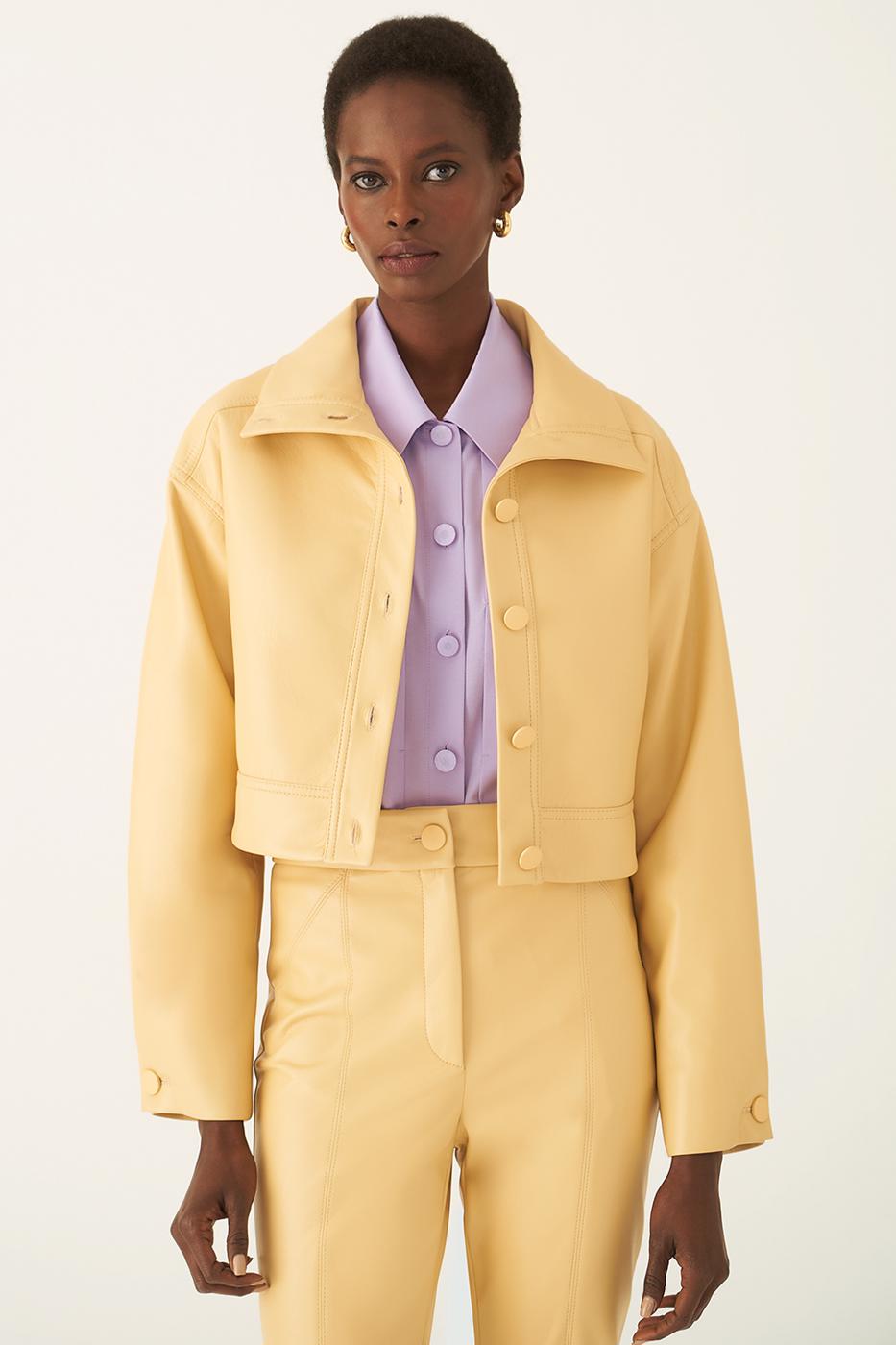 Arleths Regular Fit Yarım Dik Yaka Crop Boy Bal Renk Kadın Ceket