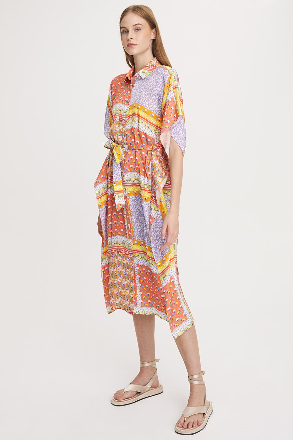 Janella Rahat Kalıp Gömlek Yaka Diz Altı Çiçek Desenli Çok Renkli Elbise