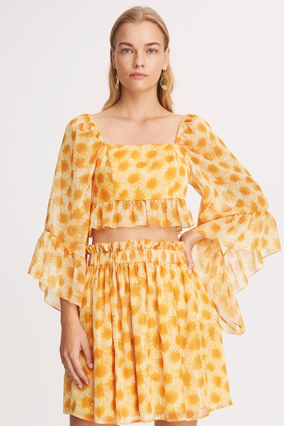 Desmond Regular Fit Kare Yaka Çiçek Desenli Sarı Taba Renk Kadın Crop Bluz