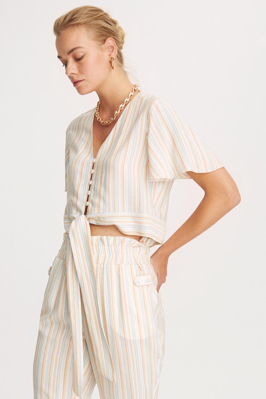 Bayan ÇOK RENKLİ Clive Slim Fit V-Yaka Çizgili Desenli Çok Renkli Kadın Crop Bluz