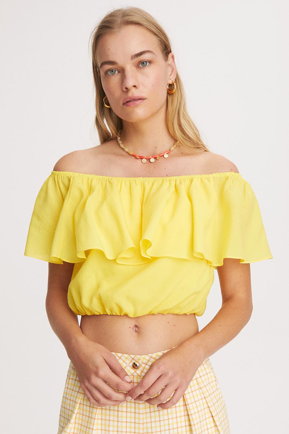 Bayan SARI Leroy Regular Fit Kayık Yaka Sarı Renk Kadın Crop Bluz