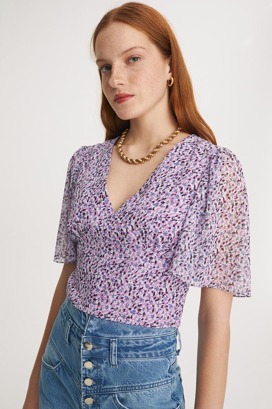 Bayan MOR Şally Slim Fit V-Yaka Çiçek Desenli Menekşe Renk Kadın Crop Bluz