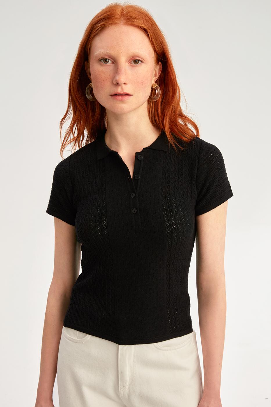 Bayan SİYAH İllas Slim Fit Gömlek Yaka Siyah Renk Kadın Triko Bluz