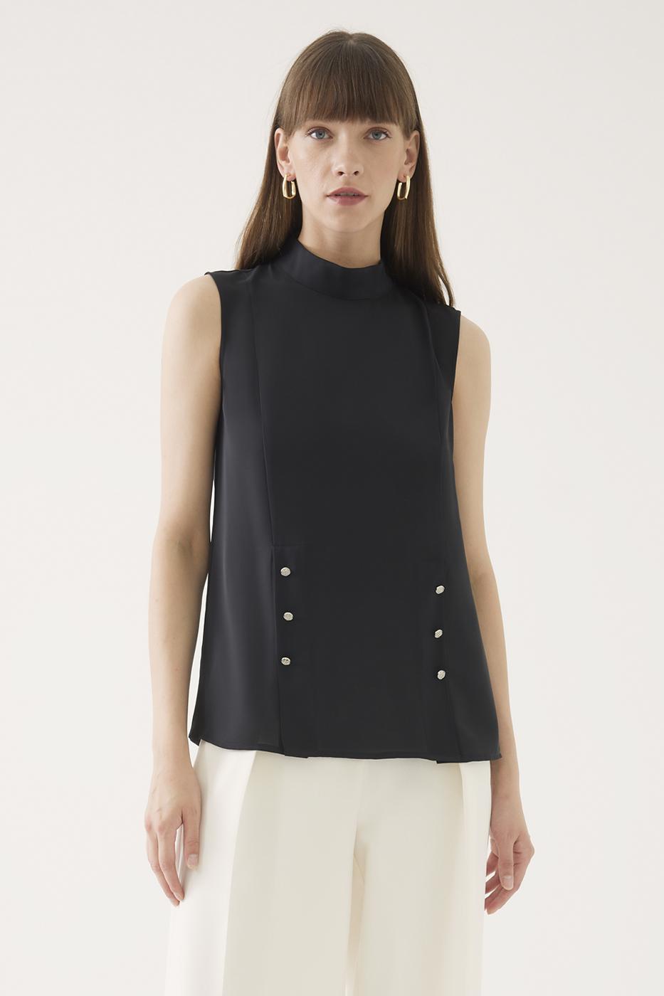 Cypress Regular Fit Standart Boy Sıfır Kol Yarım Dik Yaka Siyah Renk Kadın Bluz
