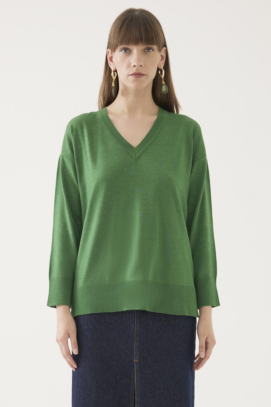 İllas Regular Fit Standart Boy Zümrüt Yeşili Renk Kadın Triko Bluz