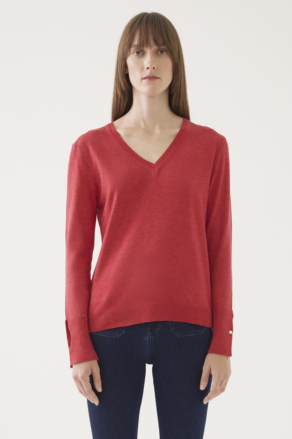 İllas Regular Fit Standart Boy V Yaka Kol Düğme Detaylı Kırmızı Renk Kadın Triko Bluz