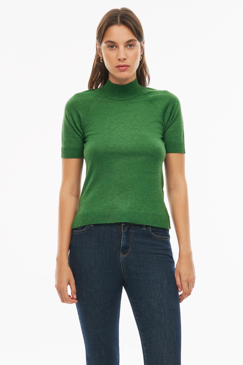 Bayan ZÜMRÜT YEŞİLİ İllas Regular Fit Standart Boy Yüksek Boğaz Detaylı Zümrüt Yeşili Renk Kadın Triko Bluz 