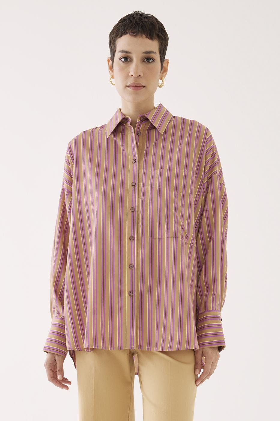 Hebers Rahat Kalıp Çizgili Desenli Standart Boy Düşük Kollu Gömlek Yaka Çok Renkli Kadın Gömlek