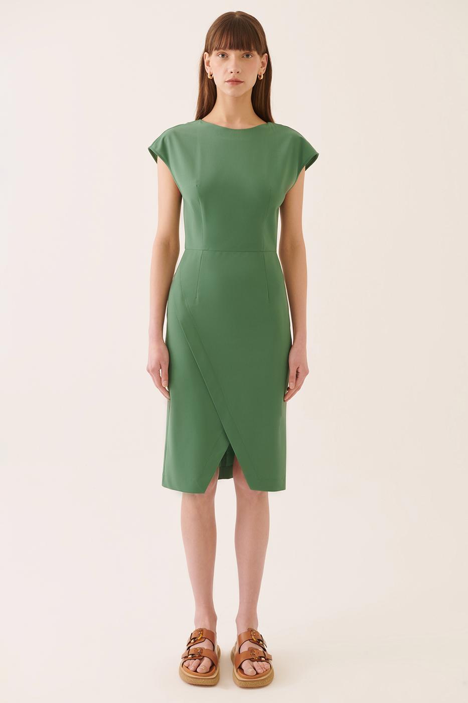 Bayan PALMİYE YEŞİLİ Aidas Regular Fit Kayık Yaka Diz Üstü Palmiye Yeşili Renk Elbise