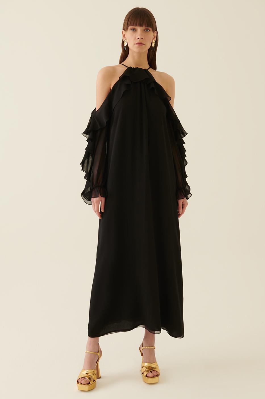Merily Siyah Renk Omuz Detaylı Uzun Kadın Elbise