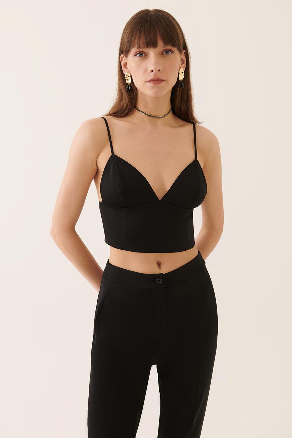 Bayan SİYAH Ambers Slim Fit V-Yaka Siyah Renk Kadın Crop Bluz