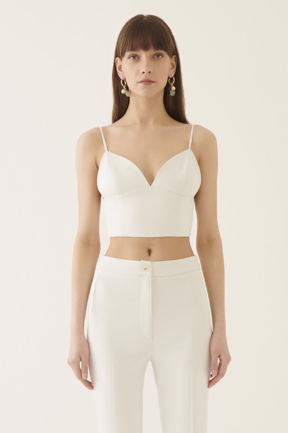 Ambers Slim Fit V-Yaka Ekru Renk Kadın Crop Bluz