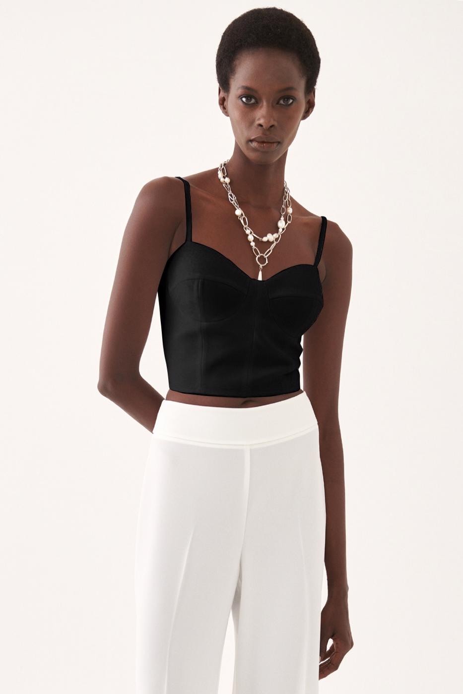 Bayan SİYAH Martens Slim Fit V-Yaka Askılı Siyah Renk Kadın Crop Bluz