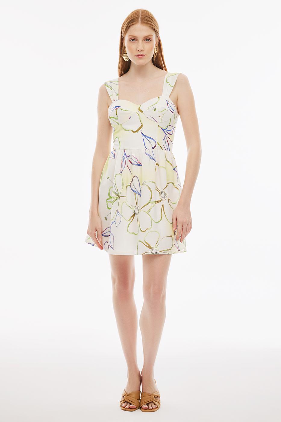 Bayan ÇOK RENKLİ Marles Regular Fit Çiçek Desenli Kısa Boy Sıfır Kol Askılı Çok Renkli Elbise