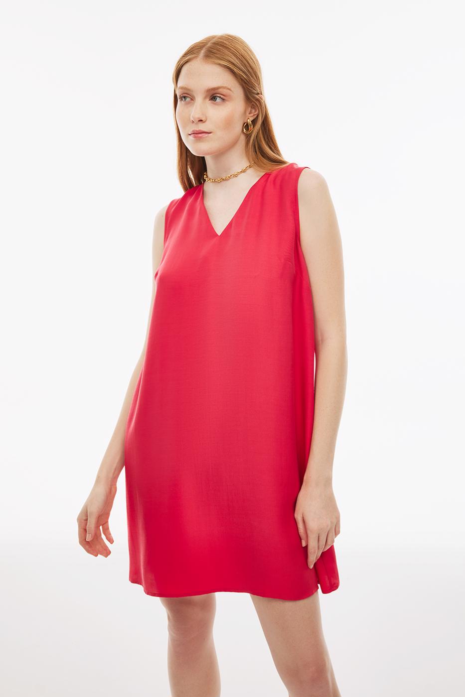 Bayan FUŞYA Carleens Regular Fit Diz Üstü Sıfır Kol V-Yaka Fuşya Renk Elbise