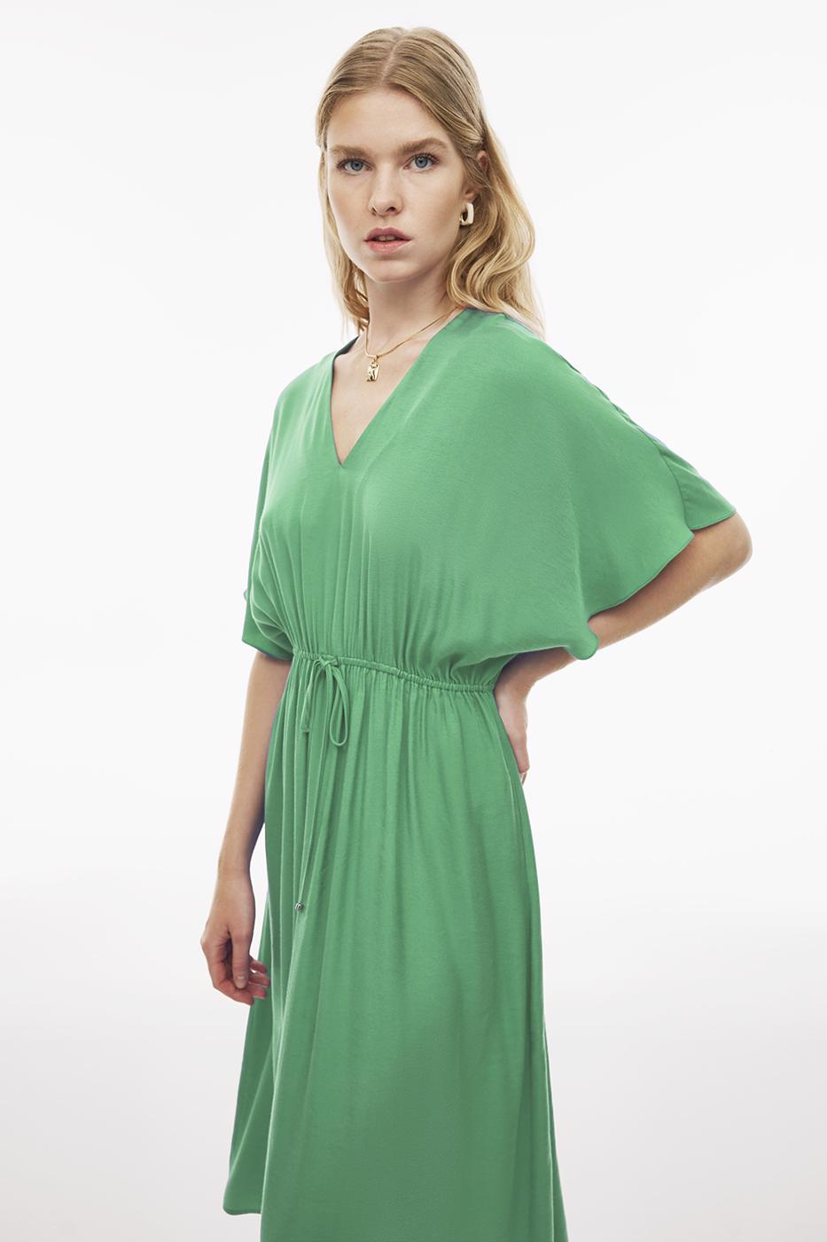 Bayan MİNT Caels Regular Fit Diz Altı Yarasa Kol V-Yaka Mint Renk Elbise