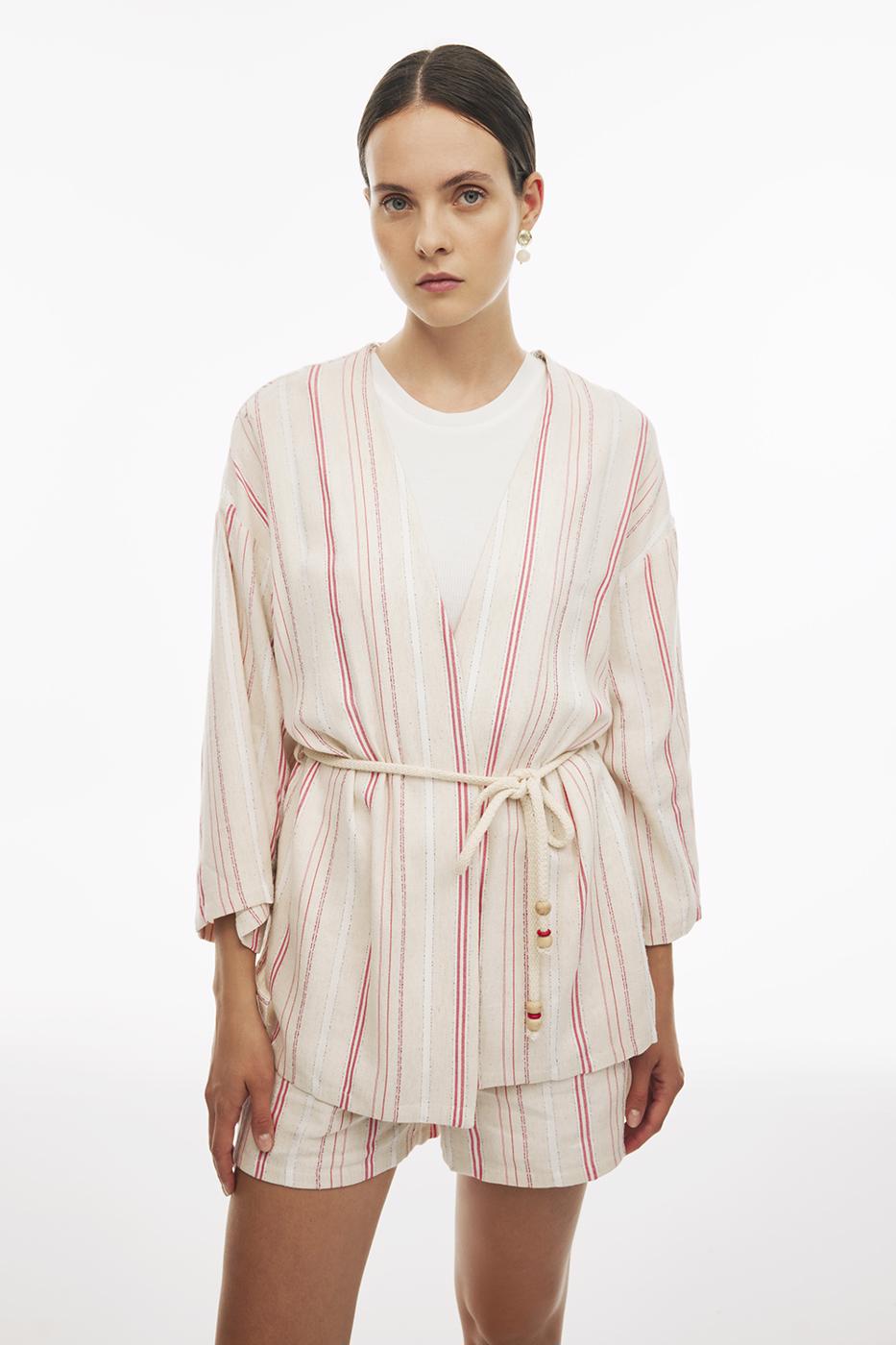 Bayan BEJ Brodeys Regular Fit Standart Boy Düşük Kollu V-Yaka Bej Renk Kimono